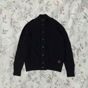 Barbour Kirkham Cable Knit Button Up Cardigan 100% Lambs Wool Navy Blue